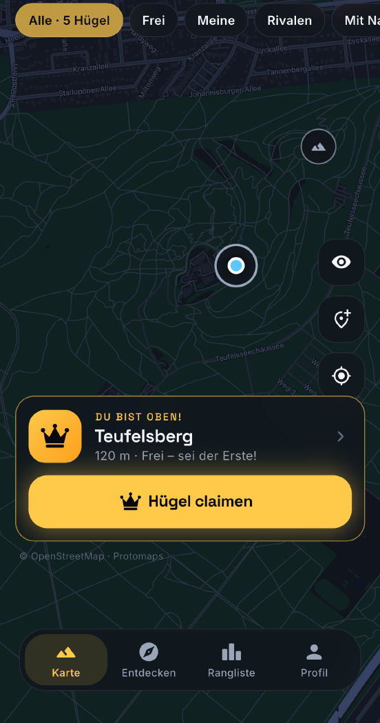 Die Karte der App: Du bist oben auf dem Teufelsberg und kannst ihn claimen