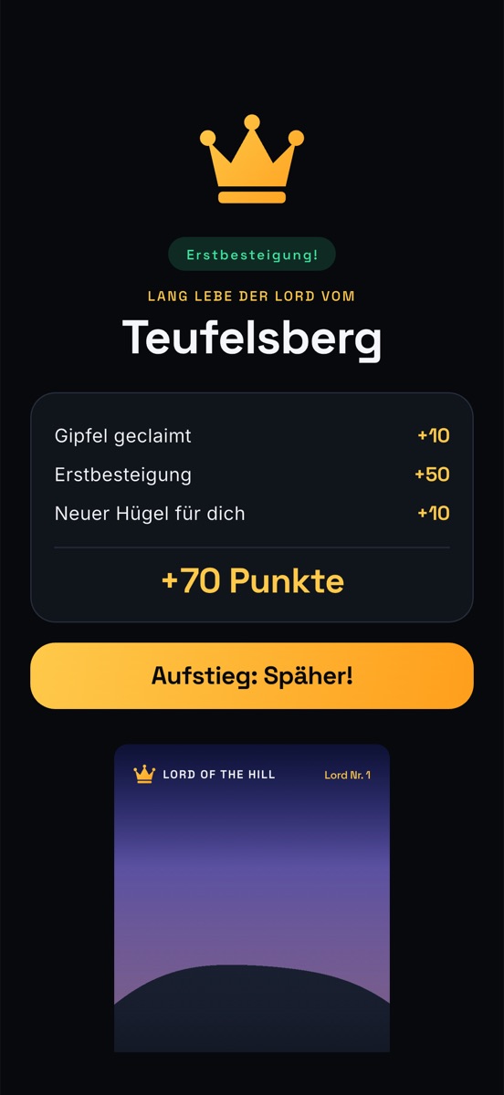Erfolgsbildschirm: Erstbesteigung, +70 Punkte, Aufstieg zum Späher